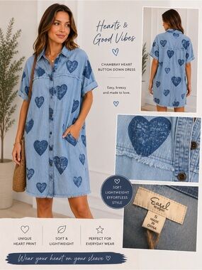 Easel Button Down Shirt Size S Blue Navy Heart Print